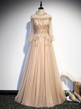 Champagne Tulle High Neck Long Sleeve Beading Prom Dress